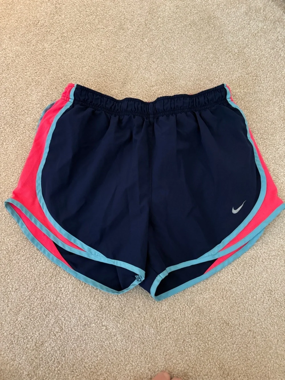 Nike Women’s Navy Athletic Shorts with Pink Panels & Light Blue Trim